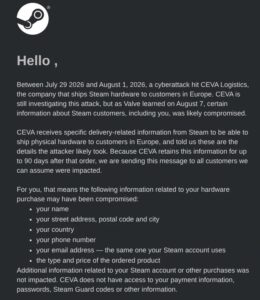Cyberattack Strikes Steam Hardware Logistics in Europe