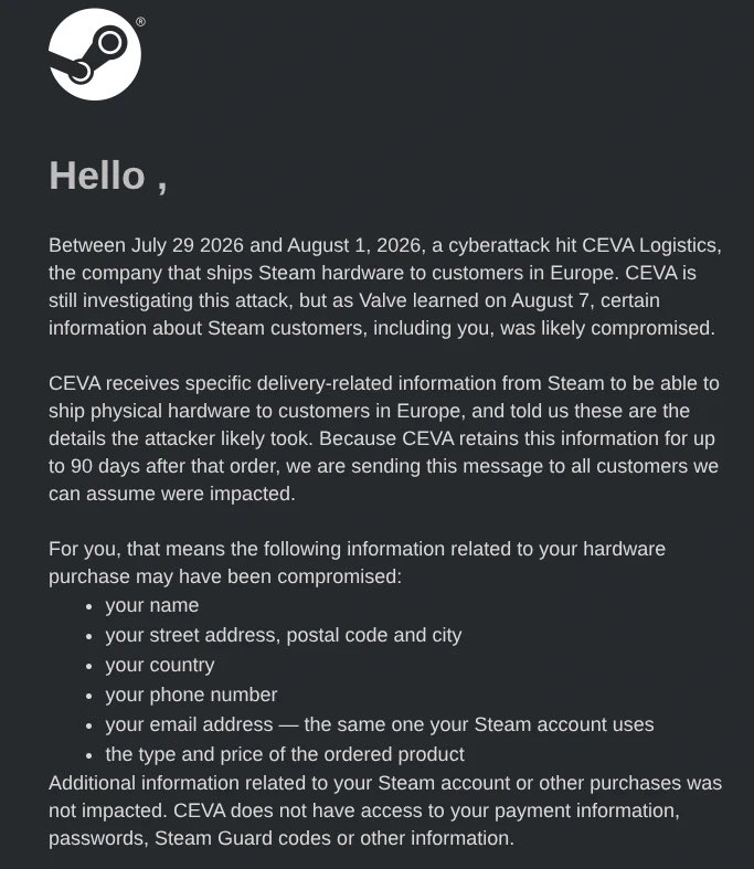 Cyberattack Strikes Steam Hardware Logistics in Europe