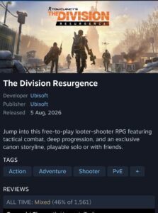 The Division Resurgence Hits Steam but Fans Are Not Impressed