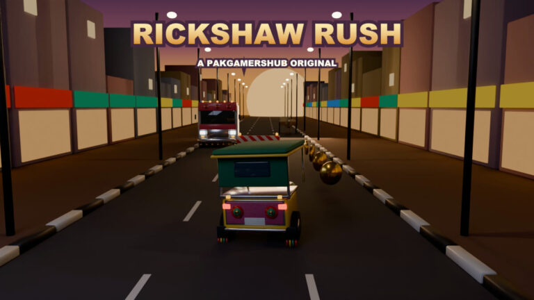 Rickshaw Rush — a truck-art rickshaw racing down a Lahore street at dusk past a bus, a barrier and coins