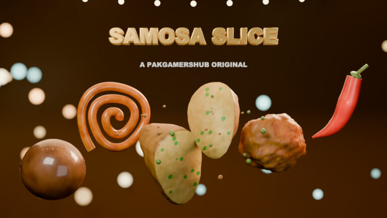 Samosa Slice — sliced samosa, jalebi, pakora, gulab jamun and a chili on a chai-stall backdrop